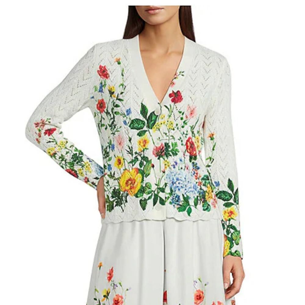 Current Air Floral Pointelle Long Sleeve Scalloped Hem Cardigan. Medium